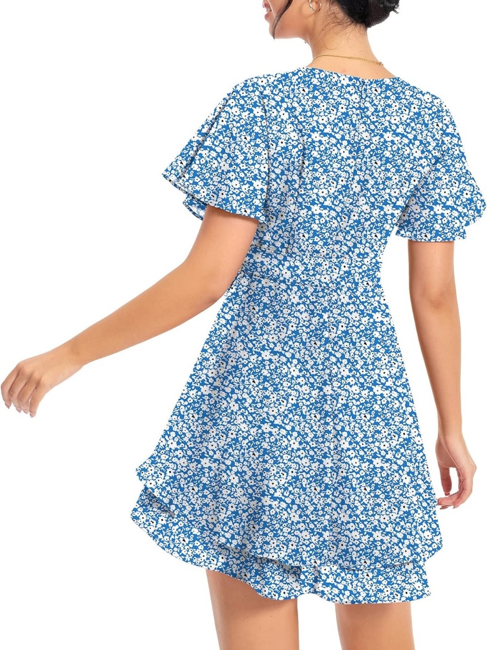 Hao Meili Blue Floral Ruffle Mini Swing Skater Dresses - Picture 9 of 9